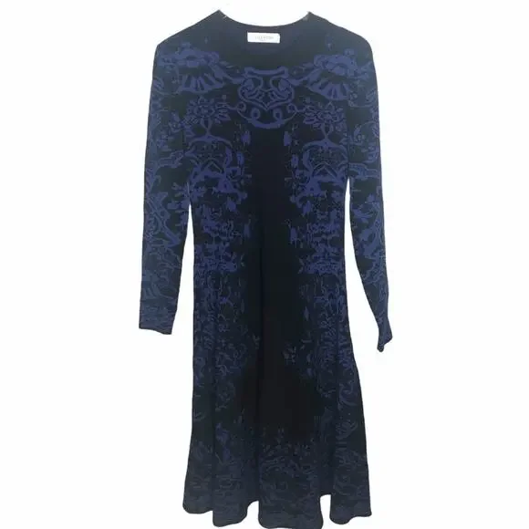 Valentino Delft Jacquard Long Sleeve Midi Sweater Dress Knit Blue M $3960 2020